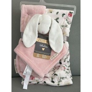 NEW Gift Set Baby Blanket Bunny Lovey Nunu White Pink Floral Blankets & Beyond